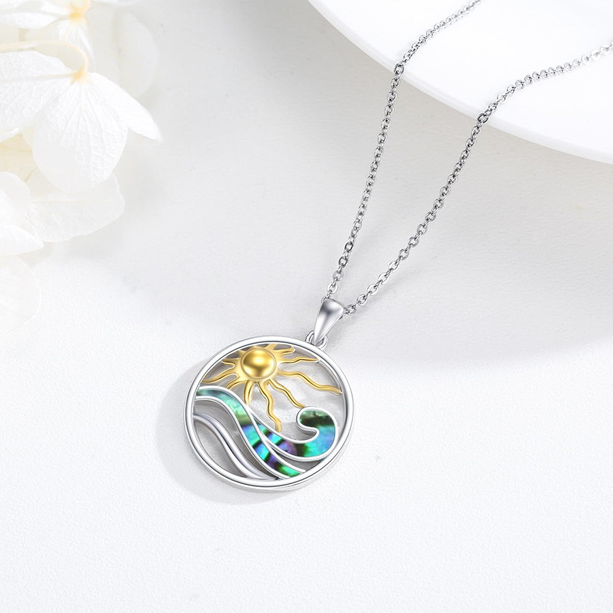 Midir&Etain Ocean Wave Necklace 925 Sterling Silver Abalone Shell Pendant Sun Necklace Ocean Surf Necklace Summer Hawaiian Beach Ocean Jewelry for Women