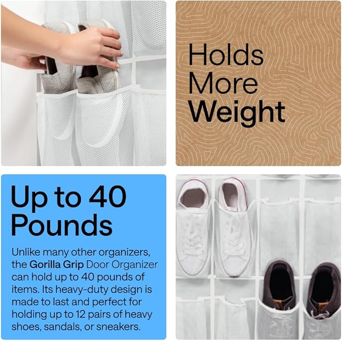 GORILLA GRIP Over the Door Shoe Organizer, 12 Large Breathable Mesh Pockets