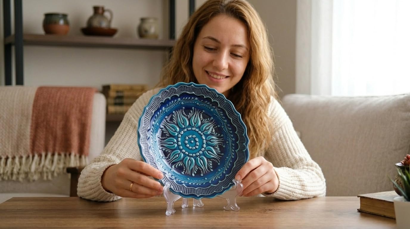 Ayennur Turkish Decorative Plate 9.85"(25cm) Handmade Ceramic Ornament for Home&Office Wall Hanging Decor (Blue)
