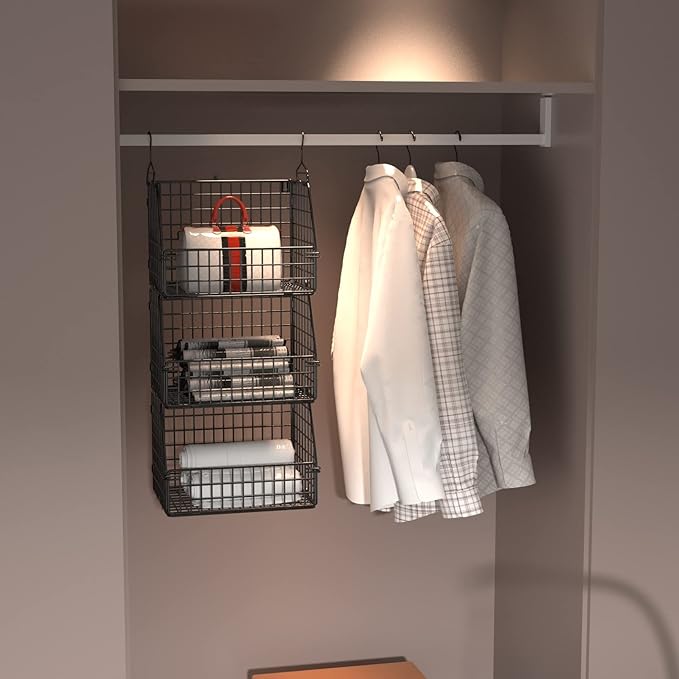 Stackable Wire Storage Baskets for Kitchen Closet Pantry, Hanging Closet