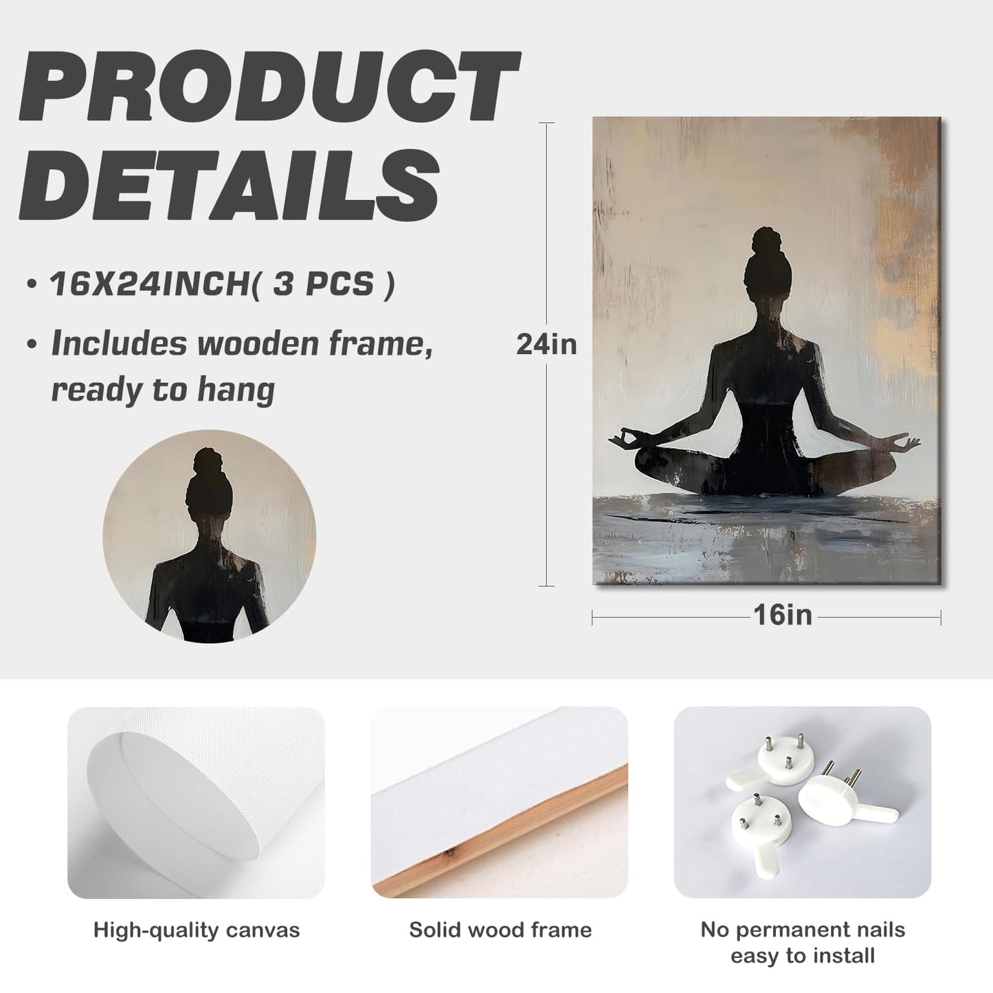 LYYGLYY Framed Zen Canvas Wall Art, Serene Meditation Print Wall Art, Modern Yoga Girl Poster Artwork for Walls, Minimalist Wall Decor for Yoga Room，Bedrooms, Living Rooms 16×24 Inches
