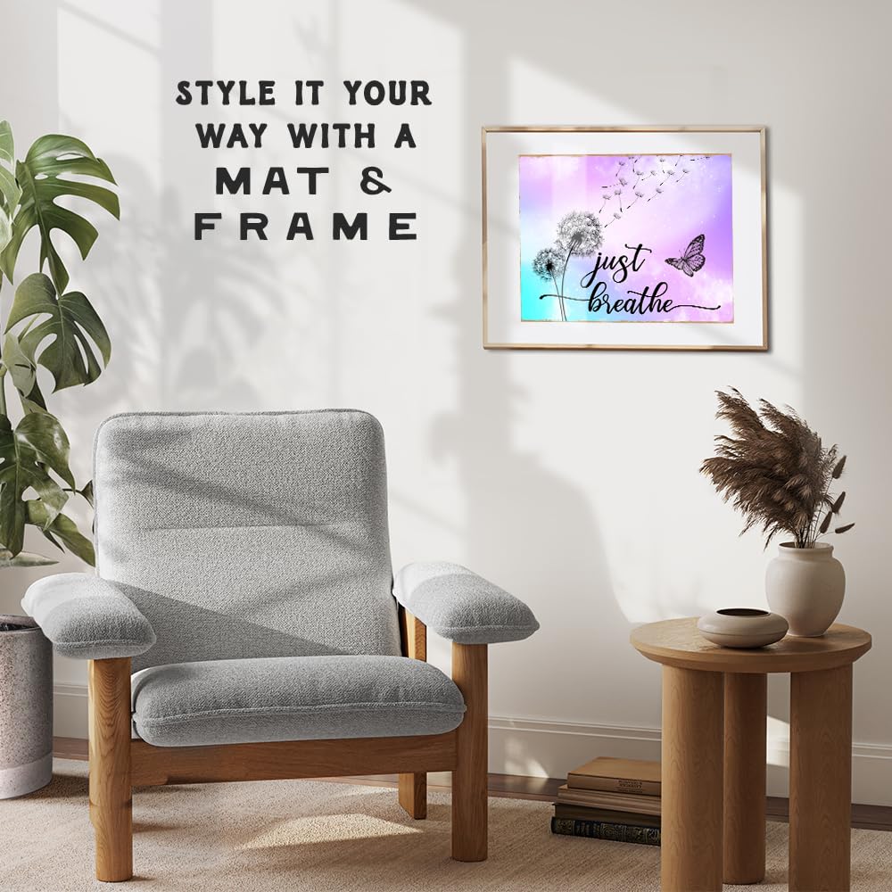 Dandelion Butterfly Just Breathe Wall Art 11x14 - Inspirational Positive Quotes Home Decor - Purple Wall Art for Women Office Bedroom - Zen Meditation Mindfulness Gift - Shabby Chic Boho Unframed