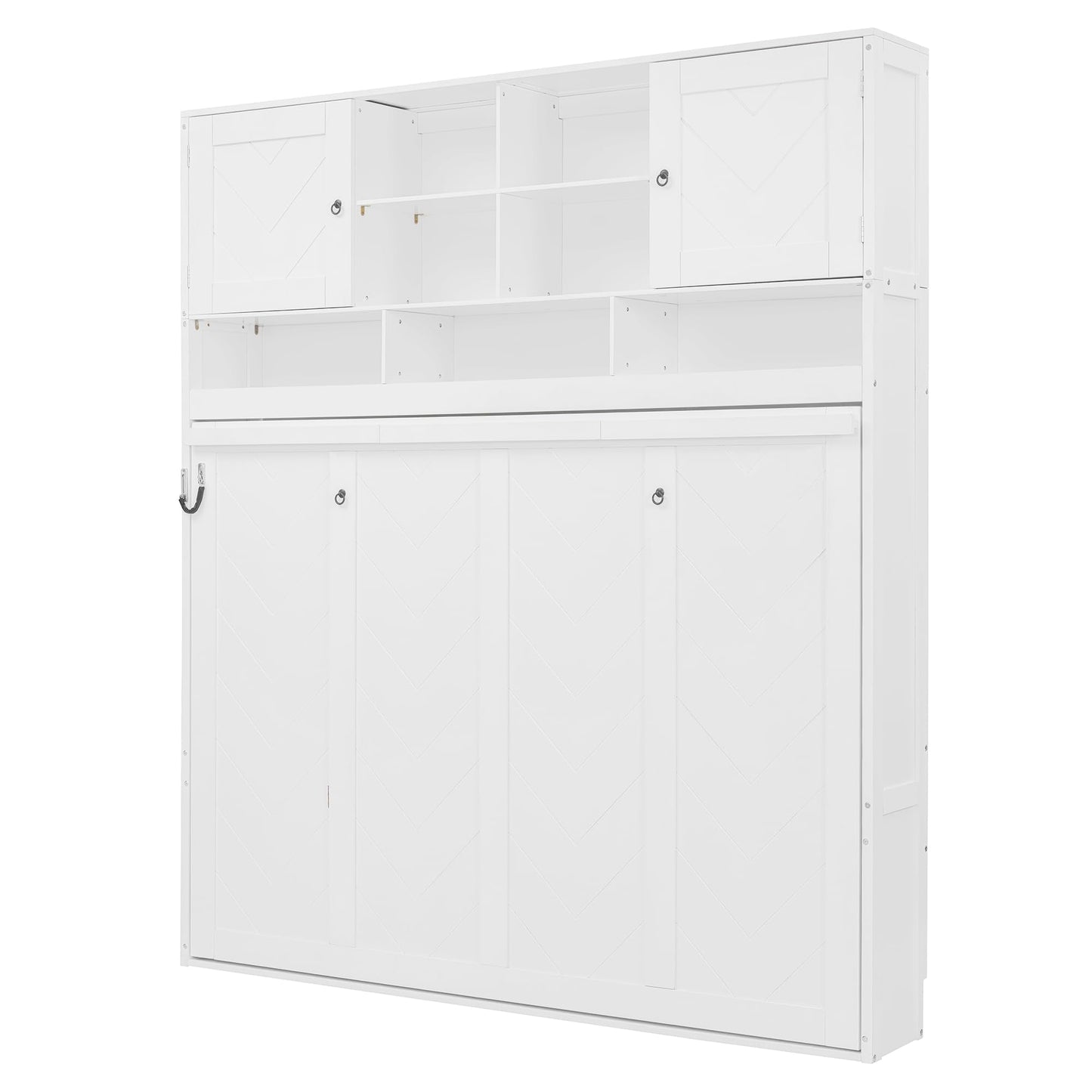 Merax Queen Murphy Bed with Storage, Space-Saving Wall Bed Cabinet, Foldable Queen Size Wall Bed with Hydraulic Lift, Chevron Stripe Design, Large Storage Space, 600 lbs Capacity, White