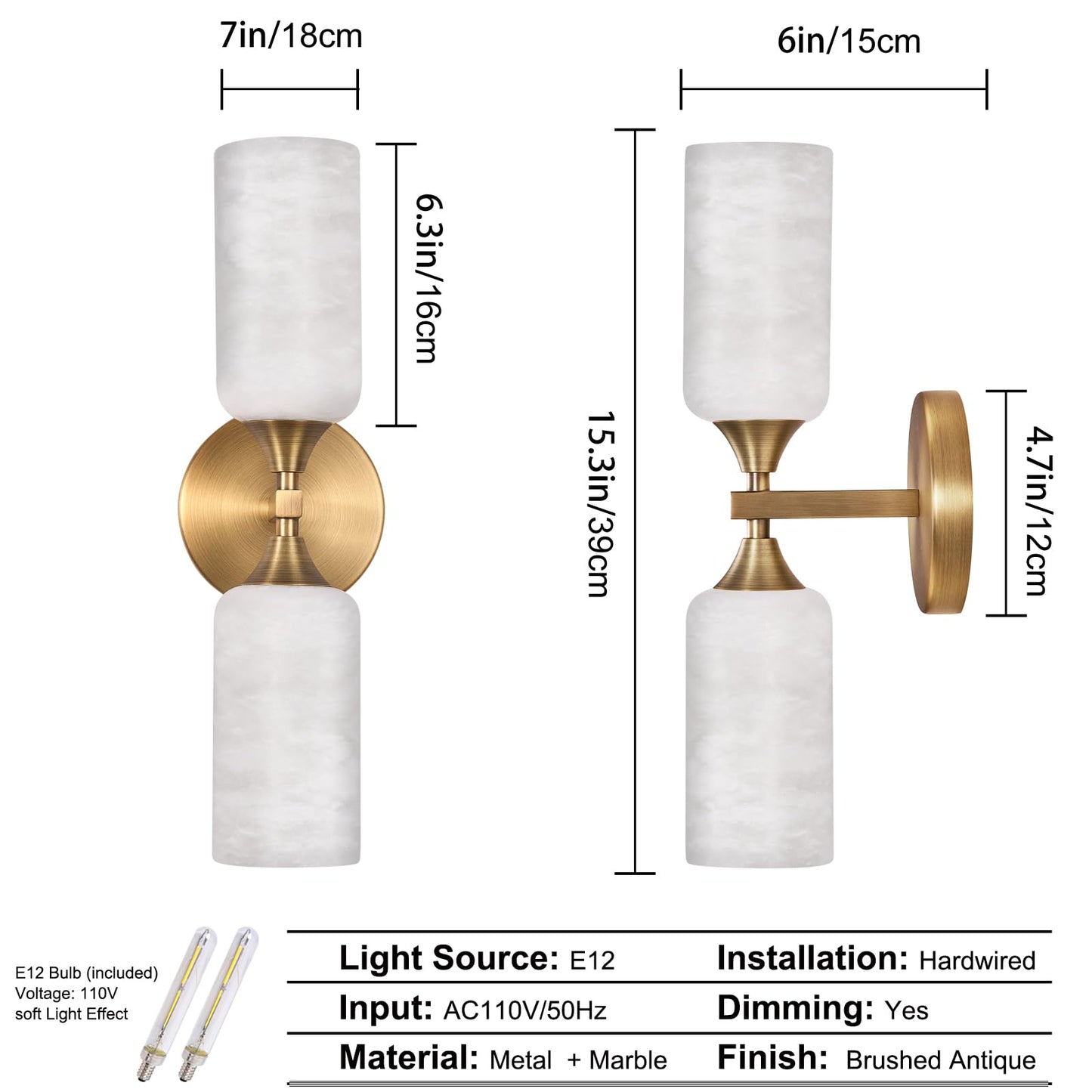 Stbri Alabaster Sconces Set of 2,15.3in Modern Natural Marble Vanity Light, Hardwired Brass Gold Wall Sconces Lighting for Living Room,Bedroom,Indoor Sconces for Bathroom Mirror,Hallway