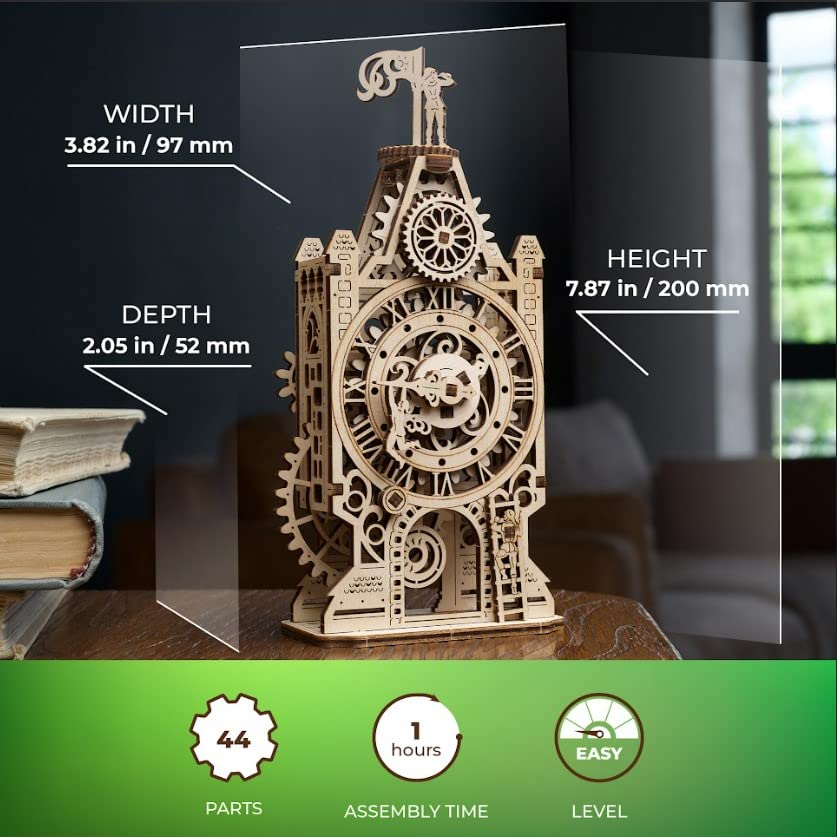 UGEARS Wooden Model Kits For Adults to Build - Old Clock Tower 3D Wooden Puzzles For Adults - Mechanical Engineering Gifts for Fathers Day - Medieval-Inspired 3D Puzzle Clock with Moving Part - 44 Pcs