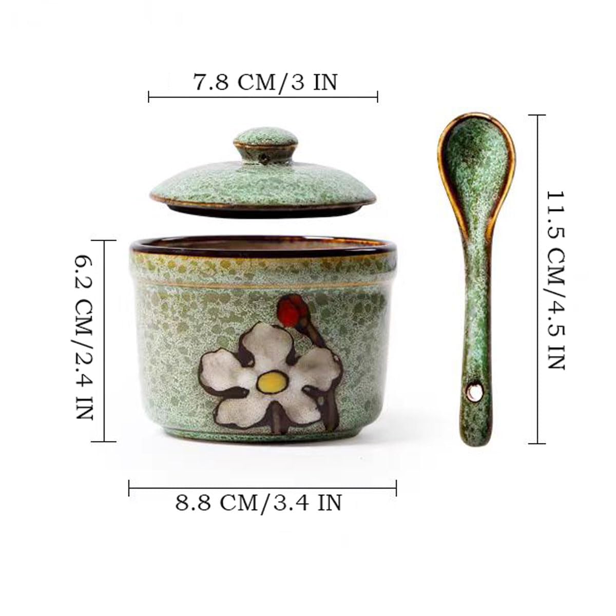 Soyestan Handmade Ceramic Sugar Bowl with Lid and Spoon, 9oz Porcelain Condiment Jar with Hand-Painted Floral Design, Colorful Seasoning Container for Sugar, Salt, Spices Kitchen (Green)