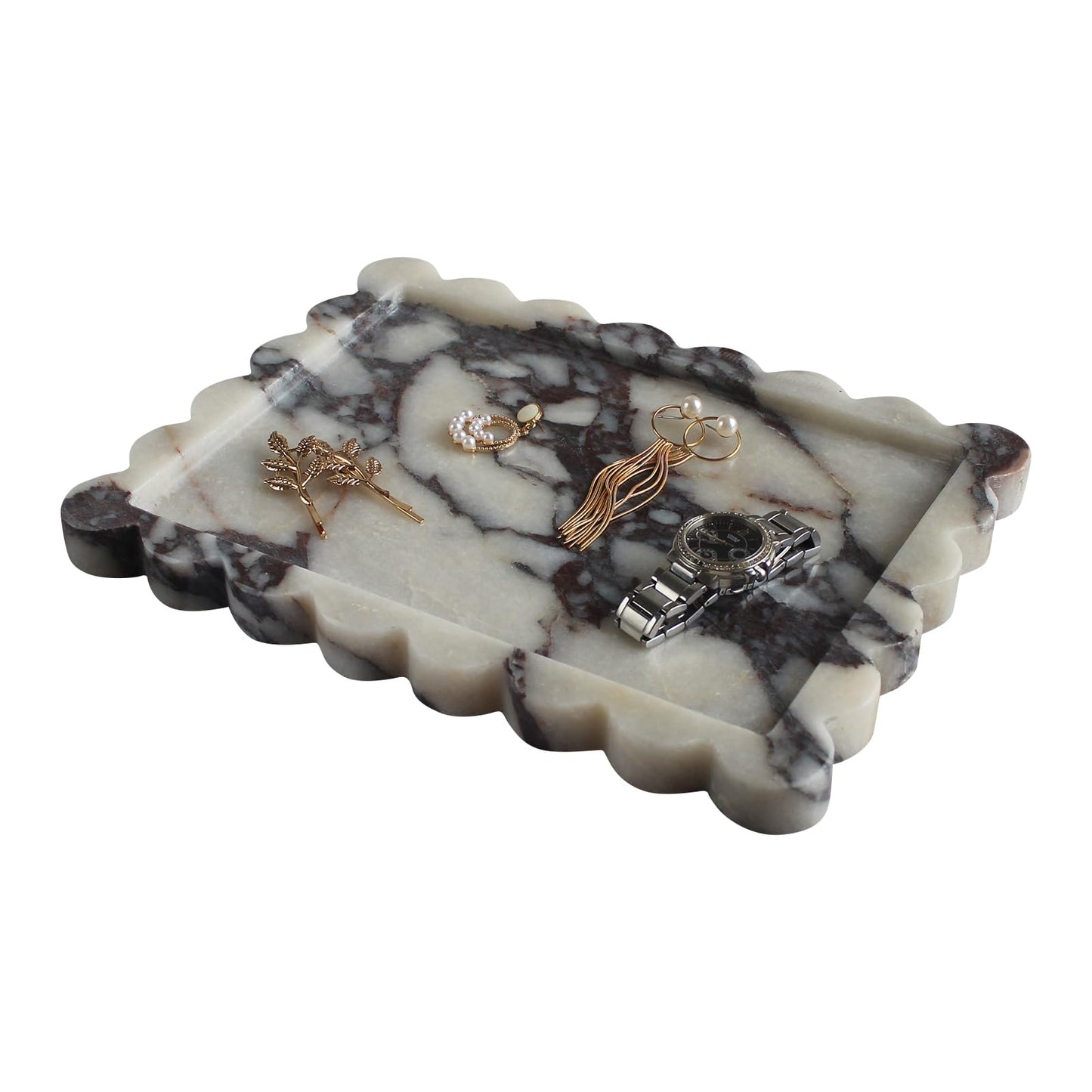 Natural Luxury Scalloped Marble Tray 10.8"x8", Rectangle Vanity Tray for Bathroom Kitchen Counter, Decorative Tray for Dresser Home Decor (calacutta Purple)
