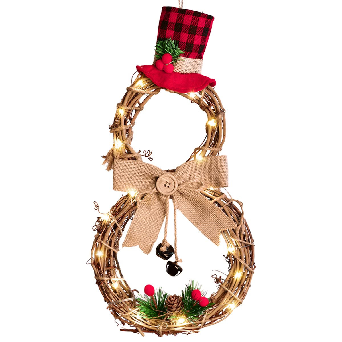 DearHouse 16 x 8 Inch Lighted Christmas Wreath Decoration, Grapevine Wreath with Hat and Bow Snowman Shape Wreath for Front Door Home Garden Wall Decor