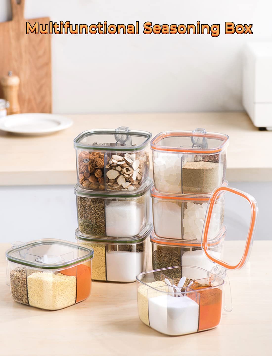 Brand Clear Box, 4-Compartment Sealed Container Set with Lid, Cover & Serving Spoons, Plastic Kitchen Condiment Jars to Store Salt, Pepper, Powder