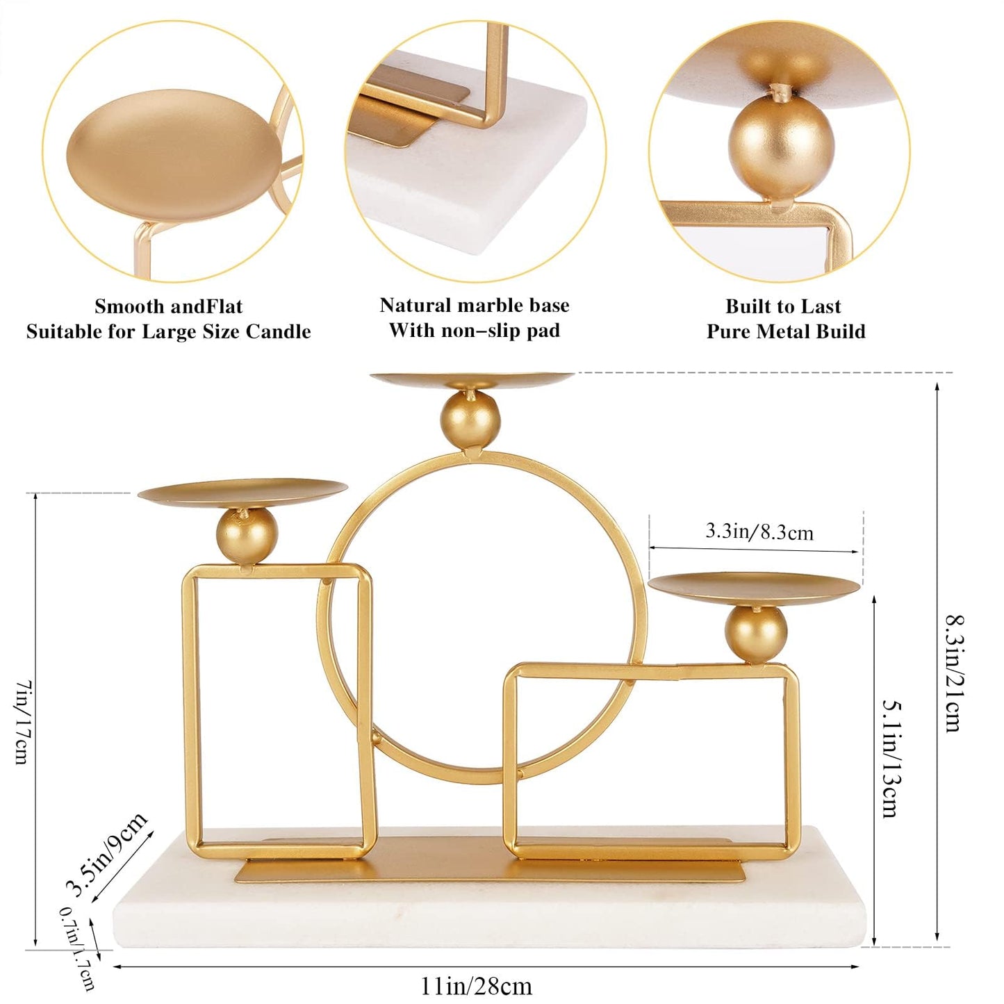 Gold Candle Holders for Pillar Candles with Marble Base 3 Arms Metal Candelabra Candle Holders Gold Home Decoration Elegant Candle Stand for Table Centerpieces,Fireplace,Anniversary