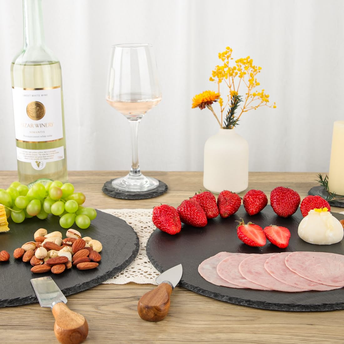 LiWiBet Natural Slate Cheese Charcuterie Board 12Inch, Premium Serving Platter for Charcuterie, Cheese, Appetizers | Placements Black Slate for Laser Engraving Rustic Kitchenware & Entertaining