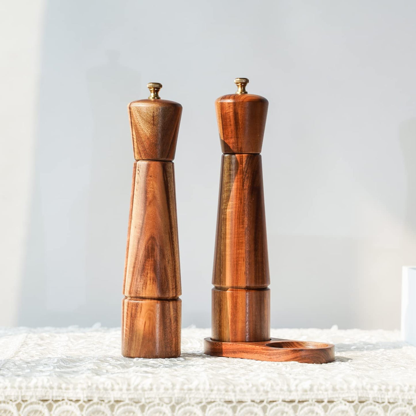 DeroTeno Salt and Pepper Mill Set with Tray, Adjustable Ceramic Grinder Salt Mill, Stainless Steel Grinder Pepper Mill, Acacia Wood, 27 cm / 10 inch Height, Bottom Dia 6 cm (Tray is Included)