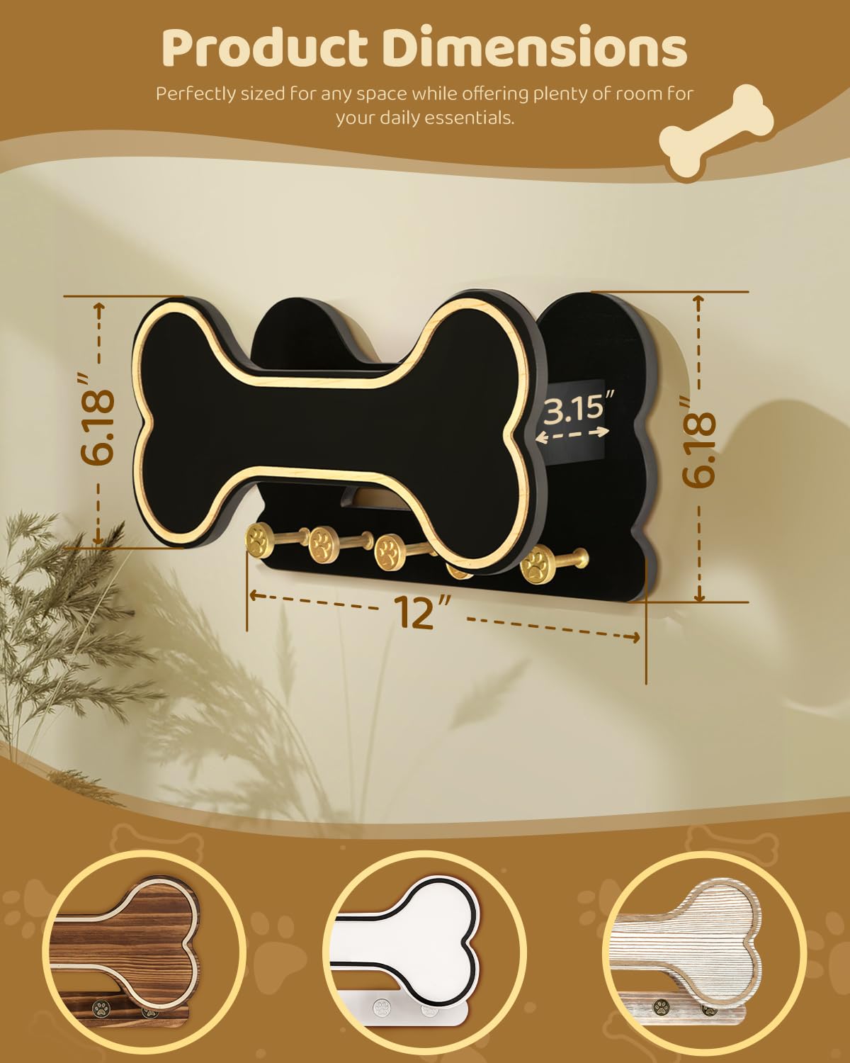 MTERSN Decorative Dog Leash Holder for Wall - Dog Stuff Organizer and Doggie Bone Key Holder Wall Mount with 5 Cute 3D Puppy Paw Hooks & Storage Shelf - Apartment Essentials (Black)