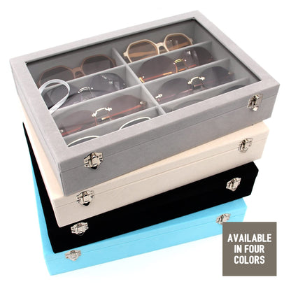 KLOUD City Luxury Sunglasses Organizer - 8 Slot Velvet Jewelry Storage Case with Clear Glass Lid | Dustproof, Scratch-Resistant Display for Glasses & Watches | Elegant Gift Box (14"x9.5")