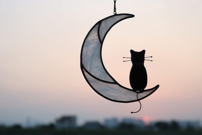 HAOSUM Black Cat On White Moon Stained Glass Window Hangings Ornament,Cat Memorial Gifts, Themed Gifts for Cats Lovers