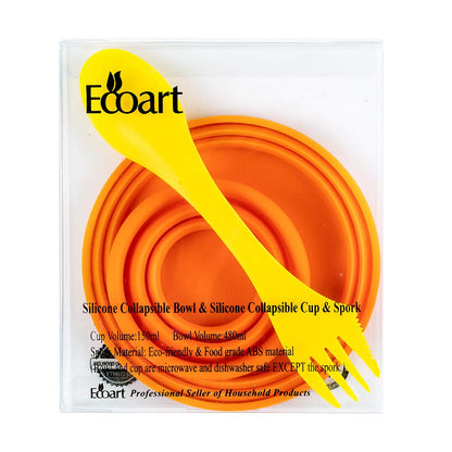 Ecoart Silicone Collapsible Bowl Cup Set with Spork for Outdoor Camping Hiking Travel - Set of 3