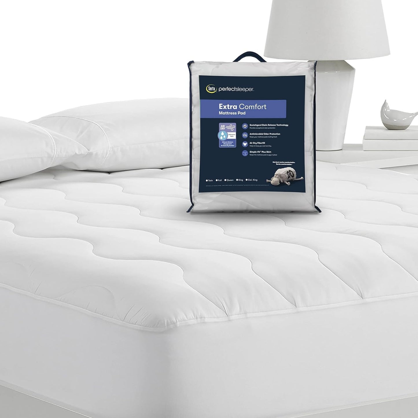 Serta Air Dry Extra Comfort Performance Fabric Quilted Mattress Pad, Cooling and Breathable Mattress Cover, Moisture Wicking Protection with 15" Deep Pocket, Full, White
