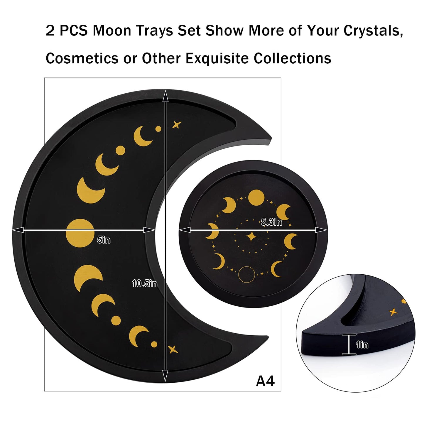 Crescent Moon Tray Crystal Holder Set, Adjustable Rock Display Case, Rock Collection Box with Shelves, Wood Crystal Organizer for Stones Storage,Gem Holder with Lid for Seashell