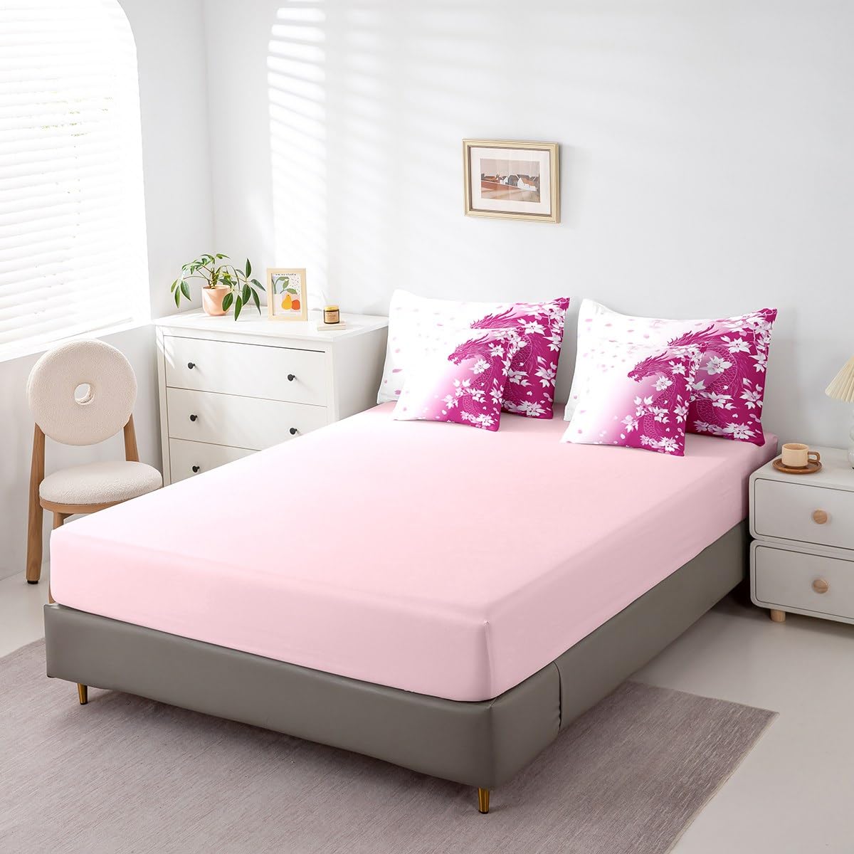 Erosebridal Pink Fantasy Dragon Bed in A Bag Pink White Gradient Princess Bedding Set for Kids Girls Teen Women,Magical Wildlife Animal Twin Comforter Set 7 Piece Dreamy Cherry Blossom Bed Set