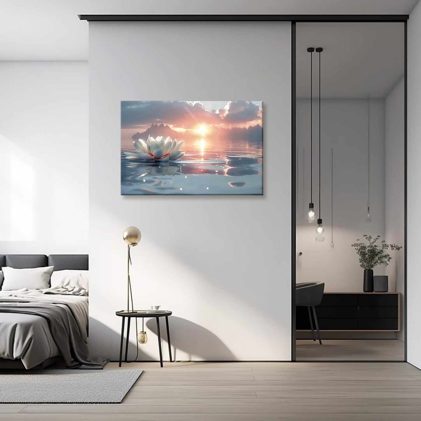 Zen White Lotus Wall Art Sunrise Meditation Canvas Wall Decor Spa Yoga Still Life Painting Prints Relaxing Spiritual Just Breathe Aesthetic Posters Pictures Modern Spiritual Inspiration Framed