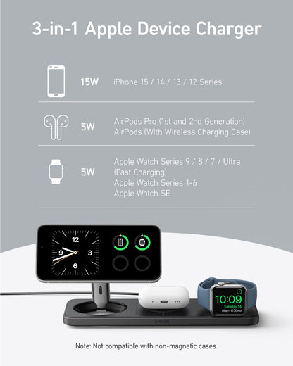 Anker iPhone 16 Foldable 3-in-1 Wireless Charging Station, Qi2 Certified 15W Ultra-Fast MagSafe-Compatible Wireless Charger, for iPhone 15/14 Series, AirPods, Apple Watch (USB-C Charger Included)