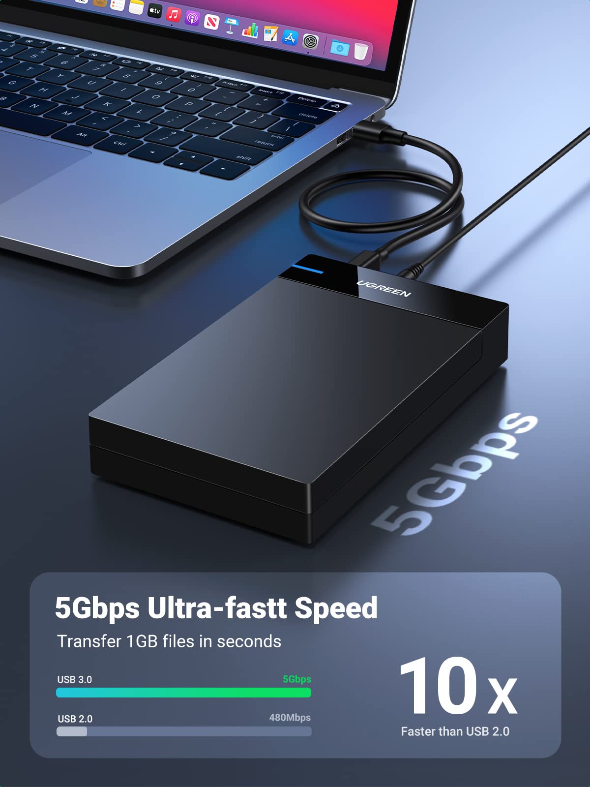 UGREEN Hard Drive Enclosure, USB 3.0 to SATA HDD Caddy for 2.5 3.5 inch SSD HDD Disk up to 22TB with DC Power Adapter, Tool-free Lay-Flat Hard Drive Docking Station for Windows Linux macOS, PS4, Xbox