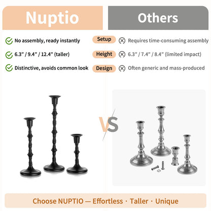 Nuptio Black Candle Holder for Candlestick: Set of 3 Gothic Taper Candle Stick Holders - Tall Metal Candleholders for Halloween Christmas Fireplace Dining Room Table Centerpieces