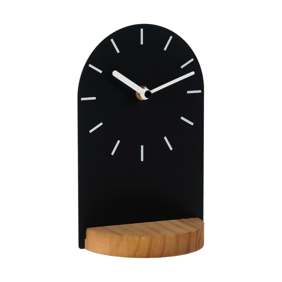 SOFFEE DESIGN One-Piece Table Clock Iron Sheet with Wooden Base Ins Style, Desktop Clock Non Ticking Battery Operated for Living Room Bedroom Home Decor, Black