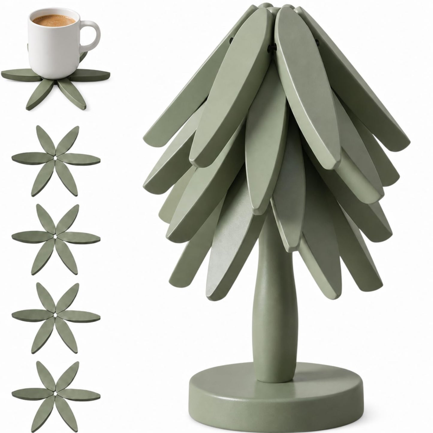 Zhehao Wooden Trivets for Hot Dishes in Sage Green, Trivet Tree Shape Set with 4 Foldable Wood Pot Holders & 1 Stand, Heat Resistant Kitchen Table Mats for Pans Bowls Teapots and Countertops