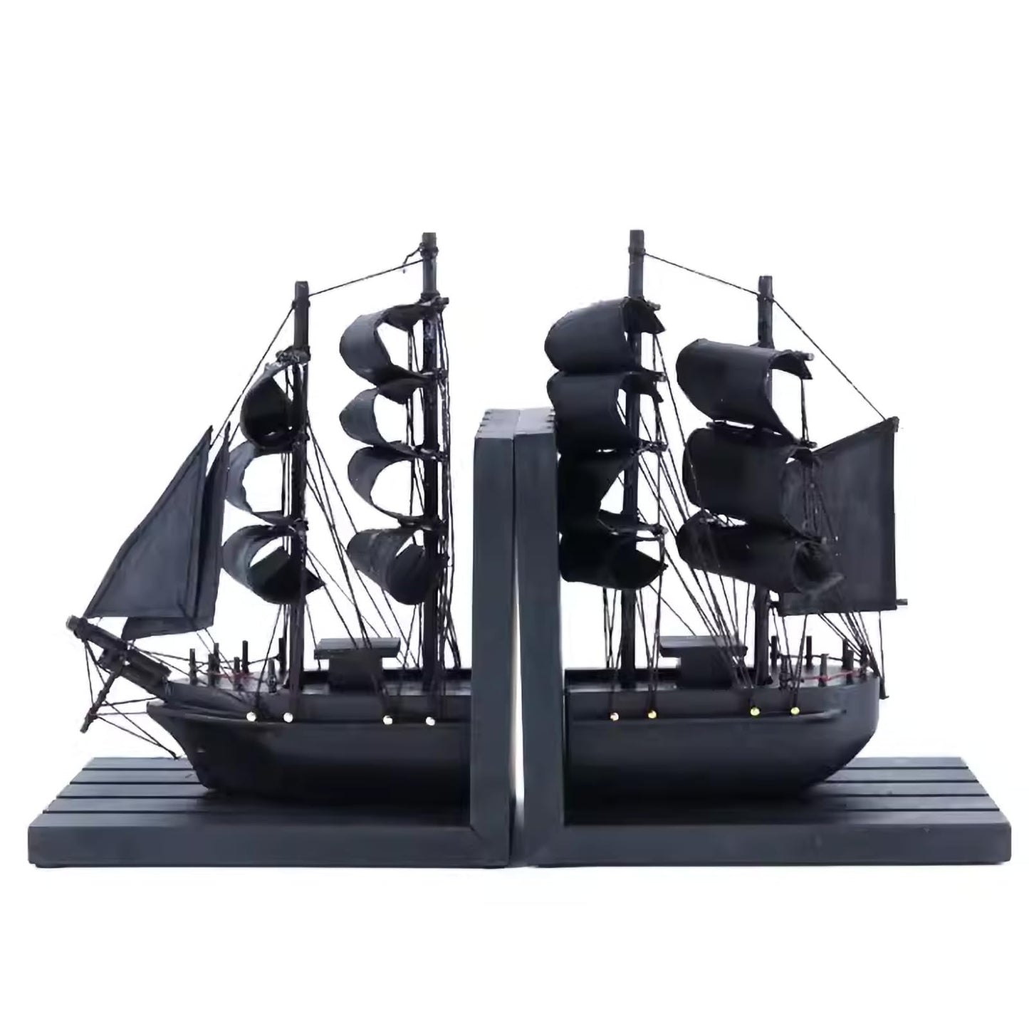 NAUTIMALL Wooden Ship bookends The Black Pearl Pirate 10" Prebuilt Caribbean Coastal Sailboat Decor Nautical Gift for Enthusiasts