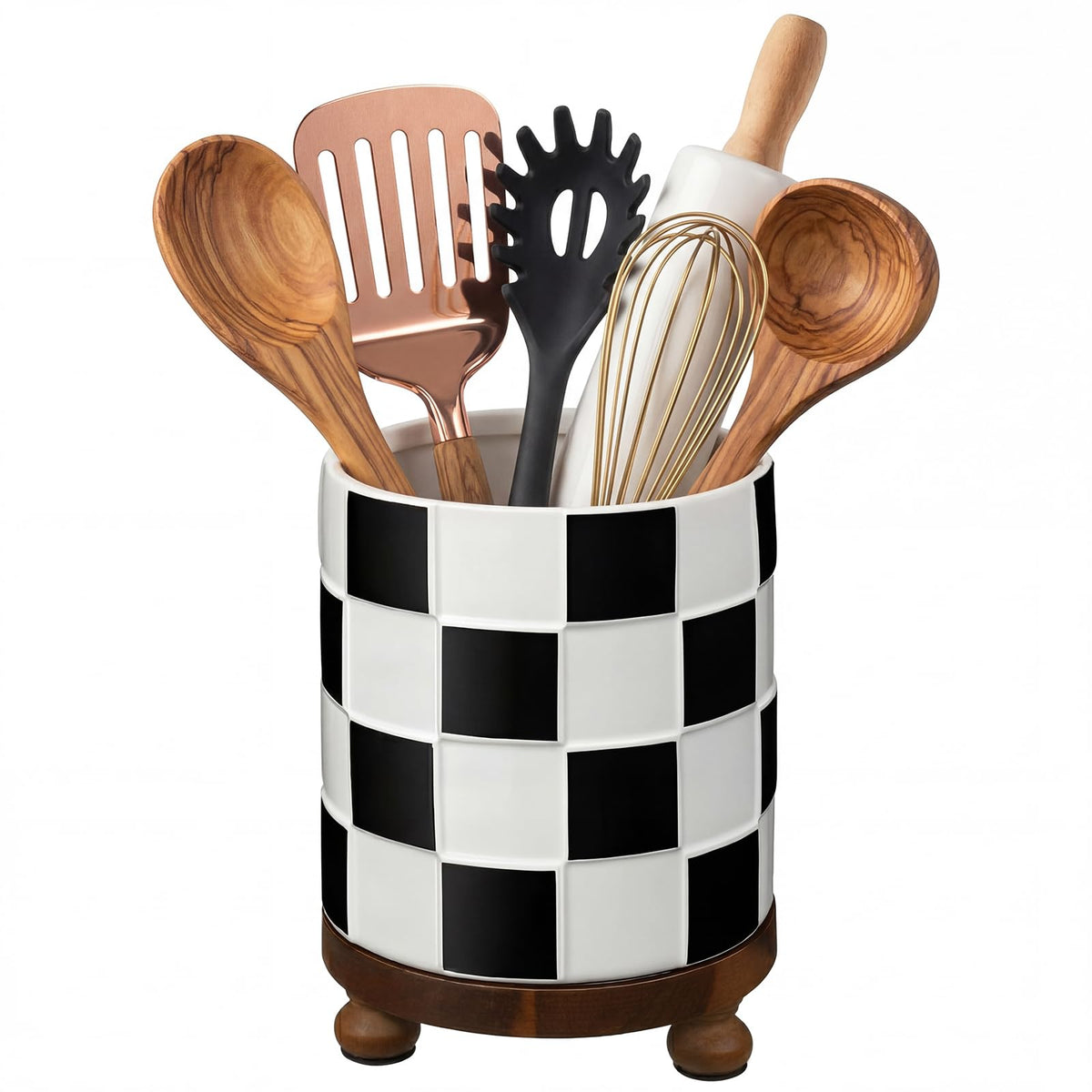 Ferrochef Kitchen Utensil Countertop Holder Checkered Utensil Crock with a Wooden Base 7.5 Inch Organizer Country Style Decorative for Storing Spoons Spatulas and Pot Spatulas