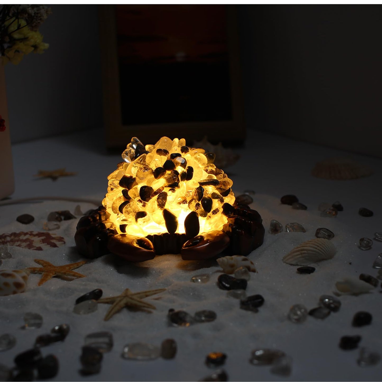 Youhot Handcrafted Green Phantom Quartz Crystal Crab Table Lamp, USB Powered, 3 Light Modes, Bronze Shell Design, Healing Stone Decor for Home & Office