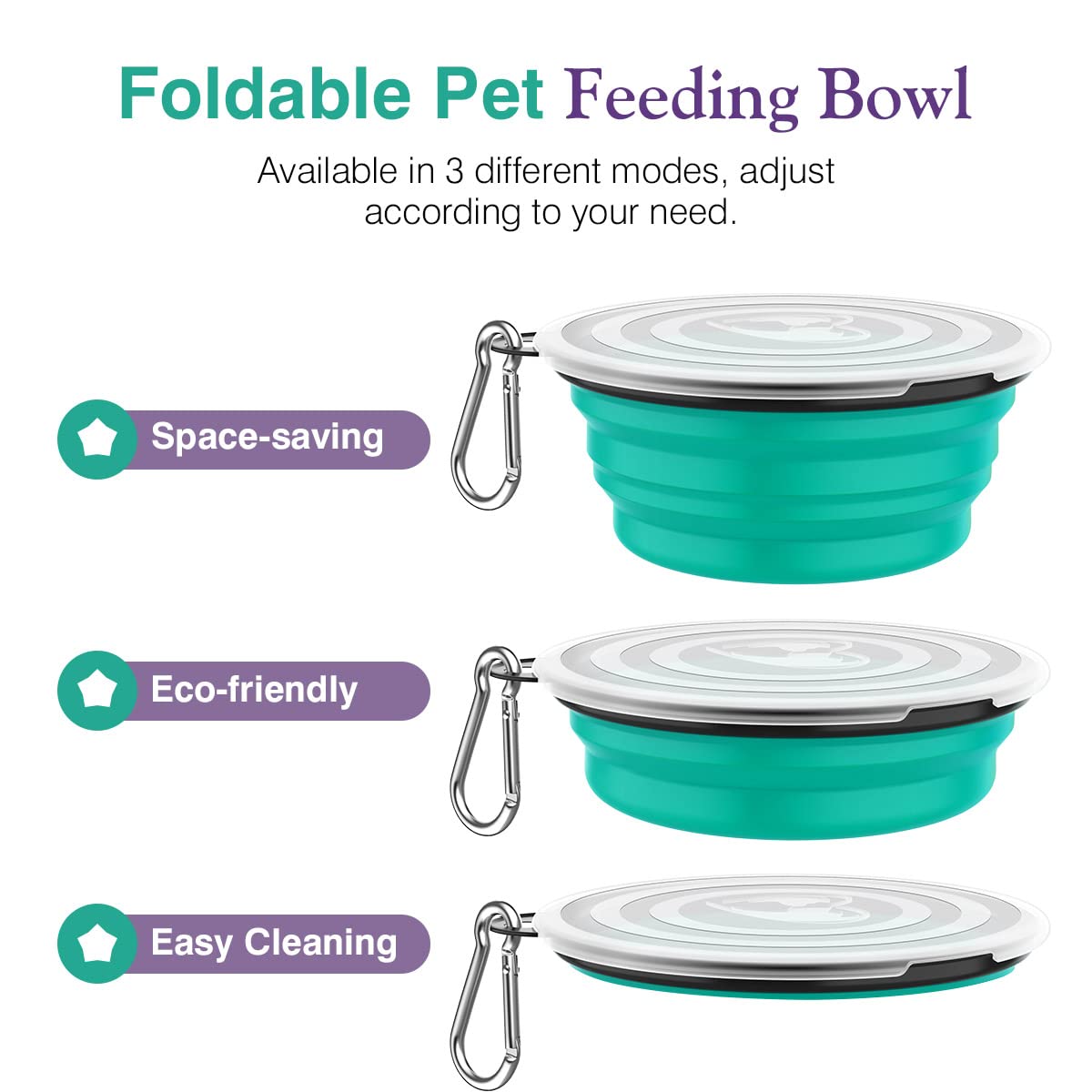 Pawaboo Collapsible Dog Bowls 2 Pack, Silicone Feeding Watering Bowls with Lids & Carabiners for Dogs Cats, Portable Collapsable Water Feeder Food Bowl for Walking Traveling Home Use, VioletTurquoise