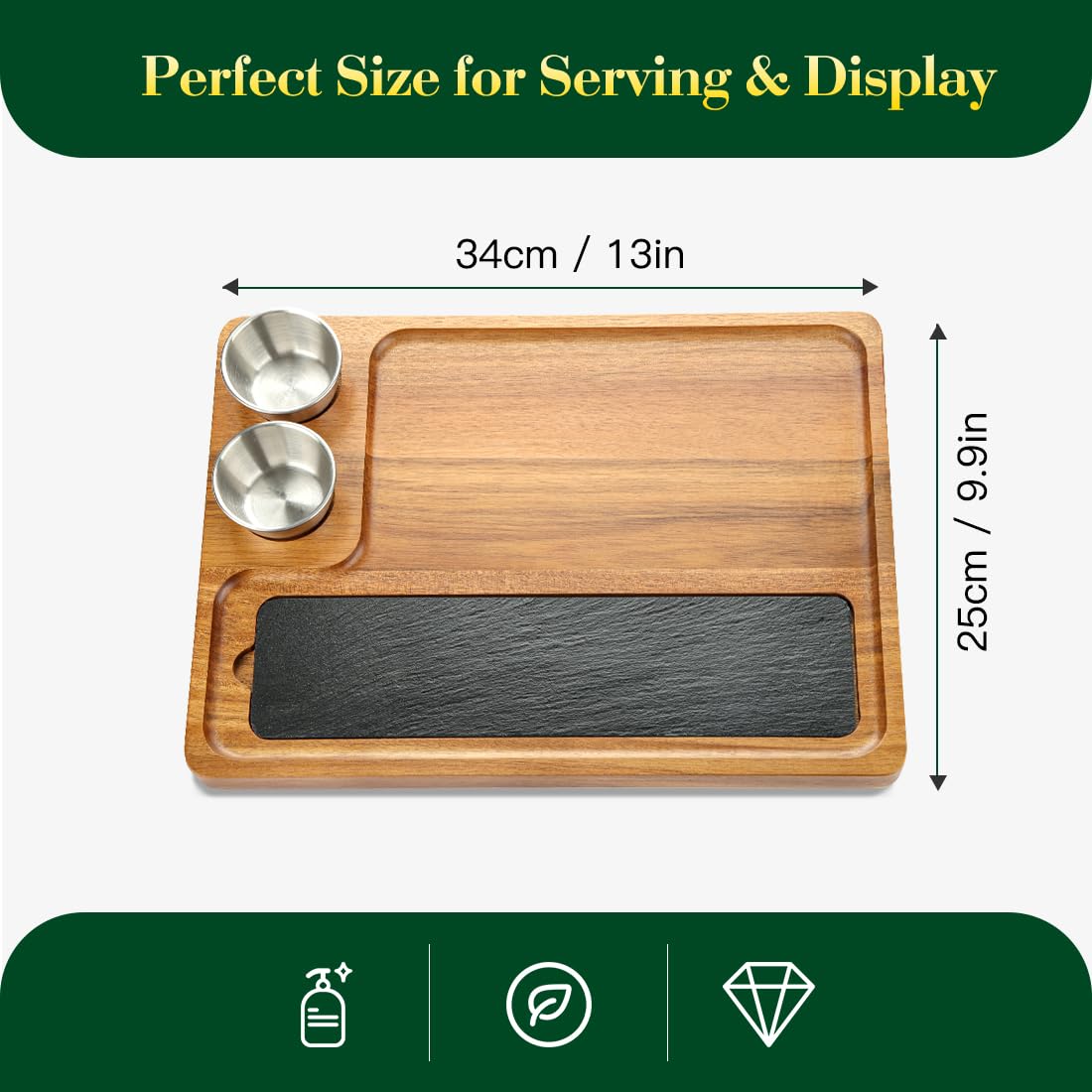 LiWiBet Wooden Slate Serving Board Charcuterie Boards with 2 Bowls, Acacia Wood Cutting Board Cheese Board Serving Plate Tray Platter for Bridal Shower Gifts Wedding Gifts Housewarming