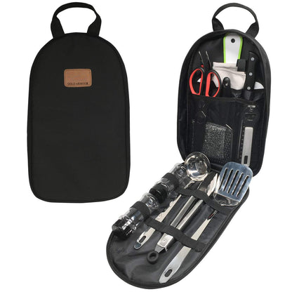 Camp Kitchen Utensil Organizer Travel Set Portable BBQ Camping Cookware Stainless Steel Utensils Travel Kit Outdoor Equipment Cutting Board Tongs Scissors Knife Ladle Spatula