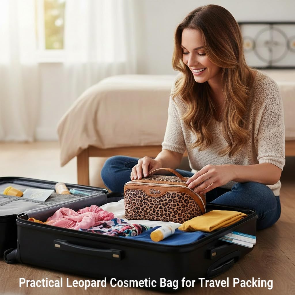 BOYATU Travel Makeup Bag for Women: 3-in-1 Modular Leopard Print Cosmetic Bag Set for 3-15 Day Trips - Waterproof Vegan Leather Toiletry Bag - Perfect for Party/Festival/Night Out - Gift Box - Brown