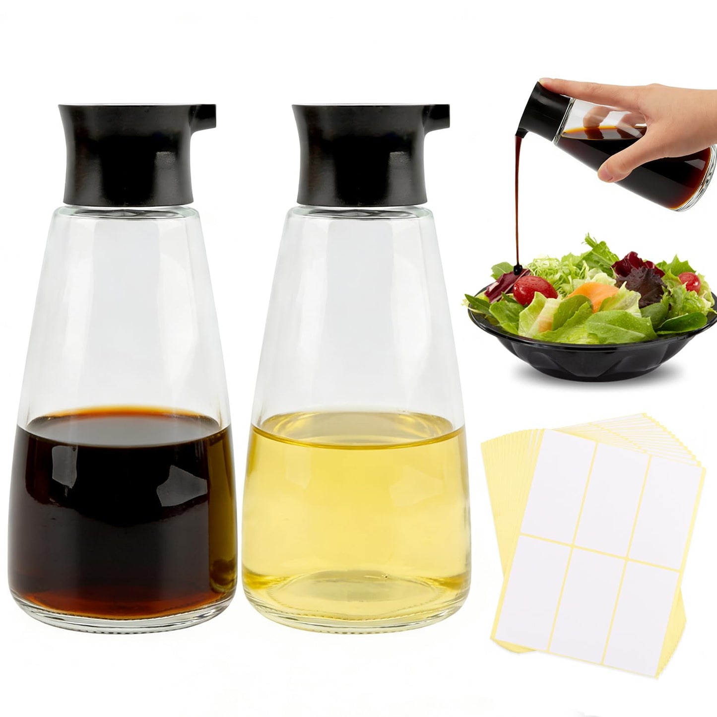 Quivorant 2pack Glass Soy Sauce Dispenser, 9.6oz Leak-Proof Clear Oil and Vinegar Bottles with Spout, Soy Sauce Containers Set with Blank Writable Labels, Cruet Dispenser for Kitchen Cooking Barbecue