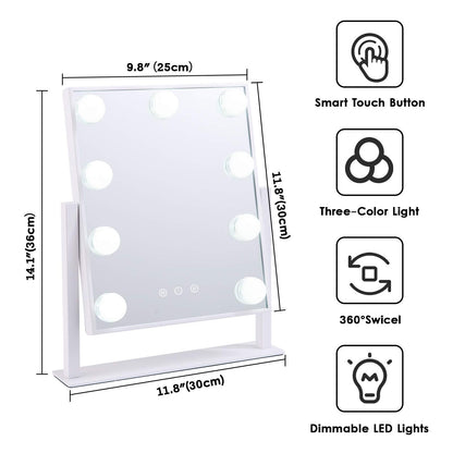 Lighted Makeup Mirror Hollywood Mirror Vanity Mirror with Lights, Touch Control Design 3 Colors Dimable LED Bulbs, Detachable 10X Magnification, 360°Rotation, (White) 12" L x 14" W