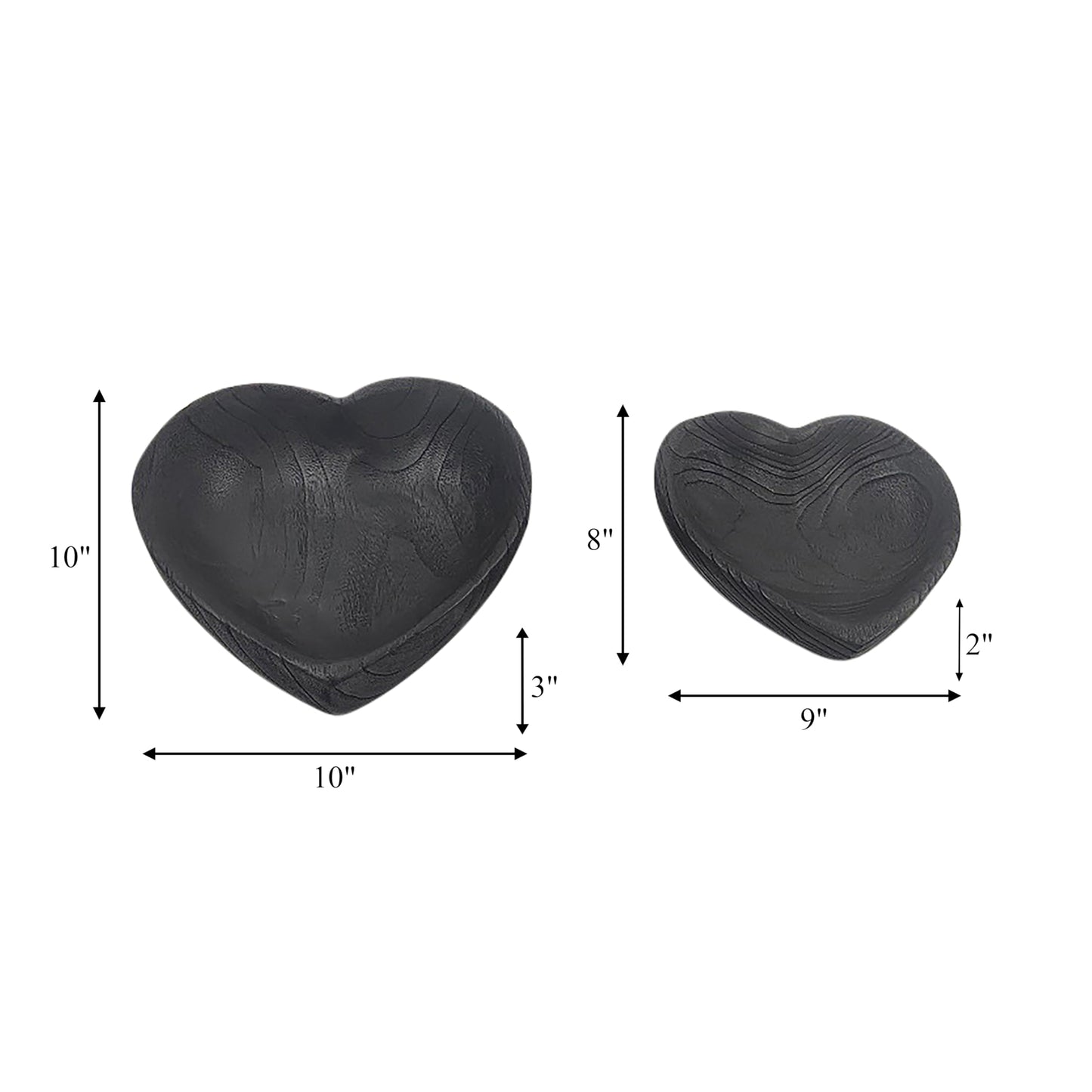 Set of 2 Wooden Decorative Bowls – Accent Bowl Set for Everyday Display, Coffee Table or Entryway Styling – Heart Shape Design for Soft, Sculptural Impact, Home Decor – 10" & 8", Black