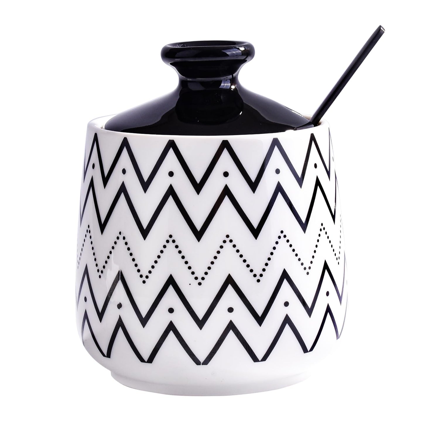 Cerficer Ceramic Sugar Bowl with Lid and Spoon, Decorative Sugar Jar for Coffee Bar, Modern Black Chevron Zigzag Pattern Salt Cellar, Chic Kitchen Storage or Decor