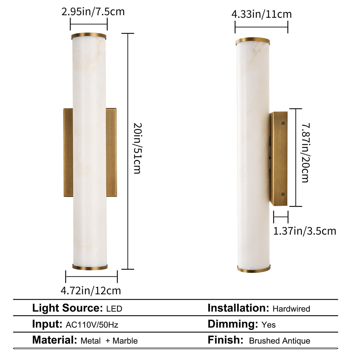 Alabaster Wall Sconces, 20" Brass Wall Sconce, Cylinder Natural Marble Sconces Wall Lighting, Modern Stepless Dimmable Sconces Lighting for Bathroom Living Room Bedroom Stairs Hallway