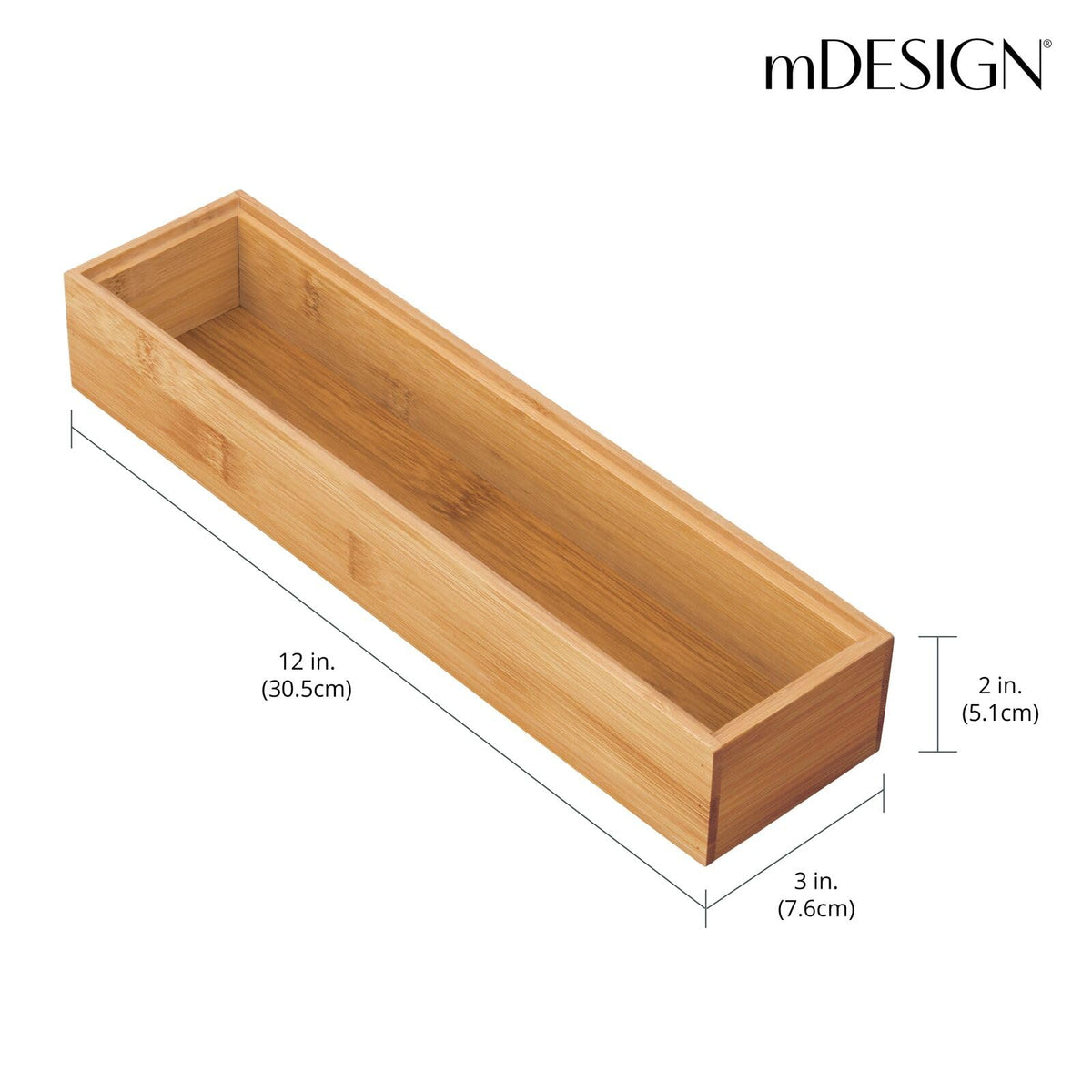 mDesign Slim Wooden Bamboo Drawer Organizer for Office - 12" Long Stackable Storage Box Tray for Desk Drawers/Cabinet - Junk Drawer and Accessories Organization - Echo Collection, 2 Pack, Natural Wood