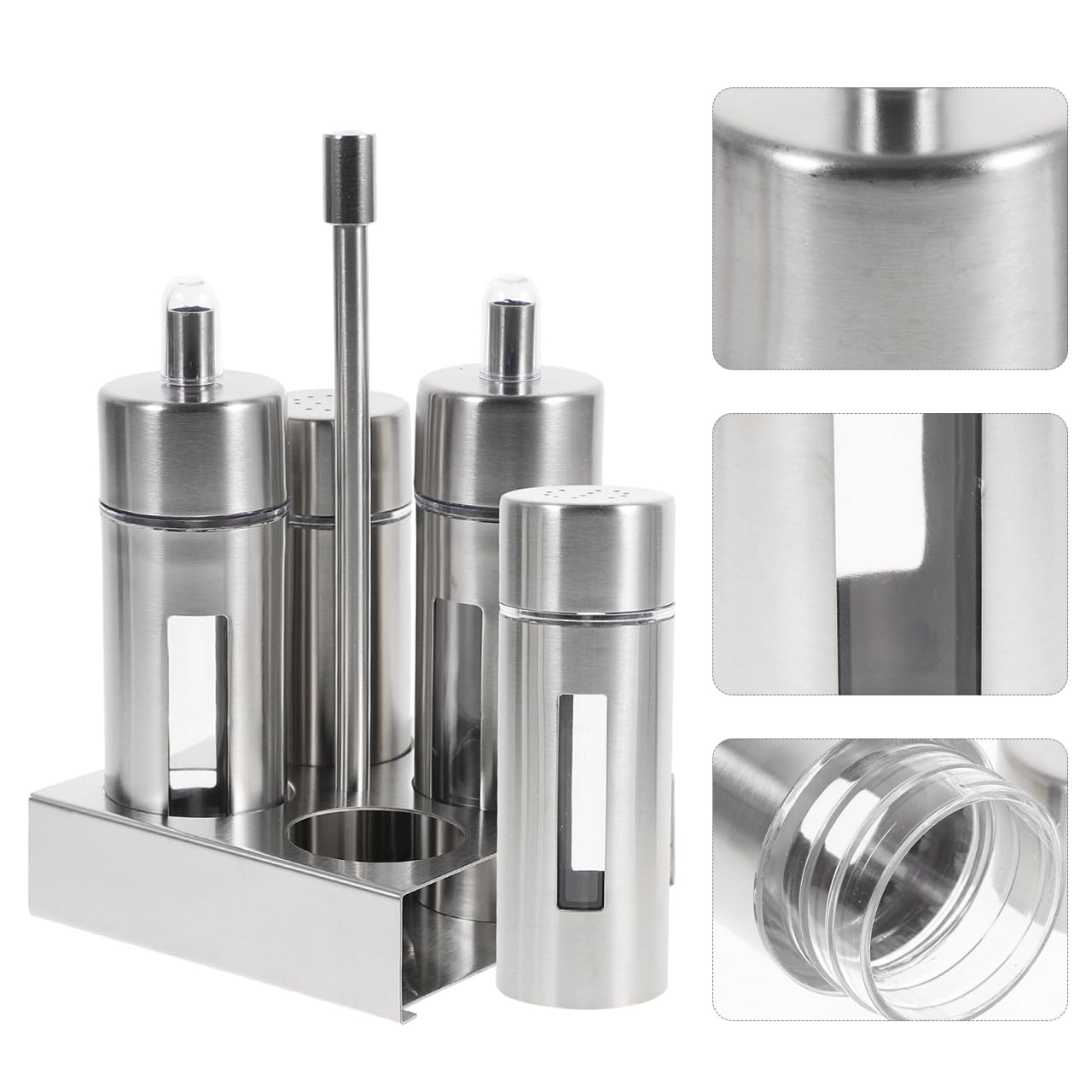 YARNOW Seasoning Bottle Set with Base Stand Removable Stainless Steel Salt Pepper Vinegar Oil Dispensers for Kitchen Countertop Organization