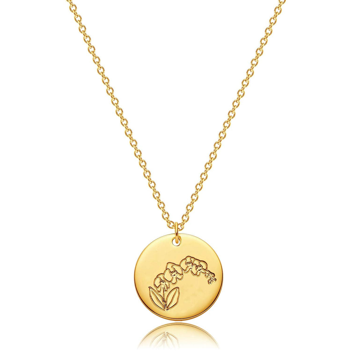 MEVECCO Birth Flower Necklace 18k Gold Engraved Custom Floral Pendant Necklaces Dainty Birth Month Flower Disc Charm Violet Flowers Disk Necklace Personalized Jewelry Birthday Gift for Her