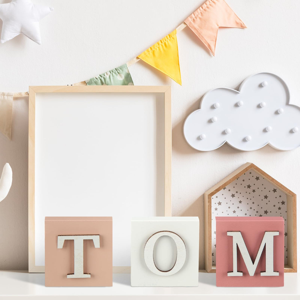 Kigley 8 Pcs Custom Wooden Name Sign 8 Letter Blocks and 78 Wooden Letter Name Wooden Cubes Wooden Blocks for Montessori Shower Name Alphabet Wood Signs(Pink)