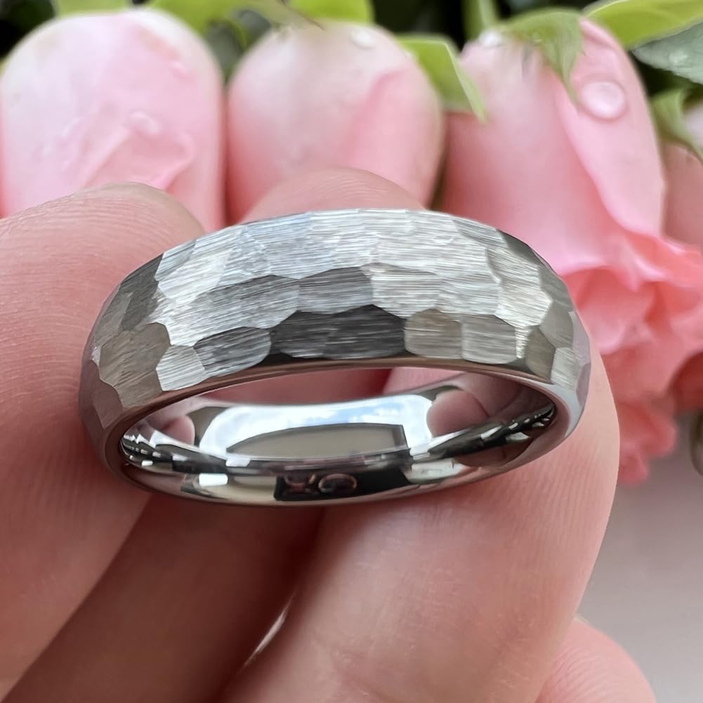 TUTISS 6mm Hammered Tungsten Rings for Men Women Fashion Engagement Wedding Bands Domed Matte Finish Comfort Fit Size 9