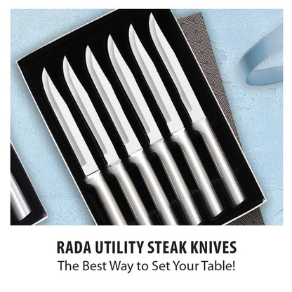 Rada Cutlery Six Utility/Steak Knives Gift Set (S06), 6-Piece Knife Set with Quick Edge Sharpener (R119), Stainless Steel Blades, Silver Handle