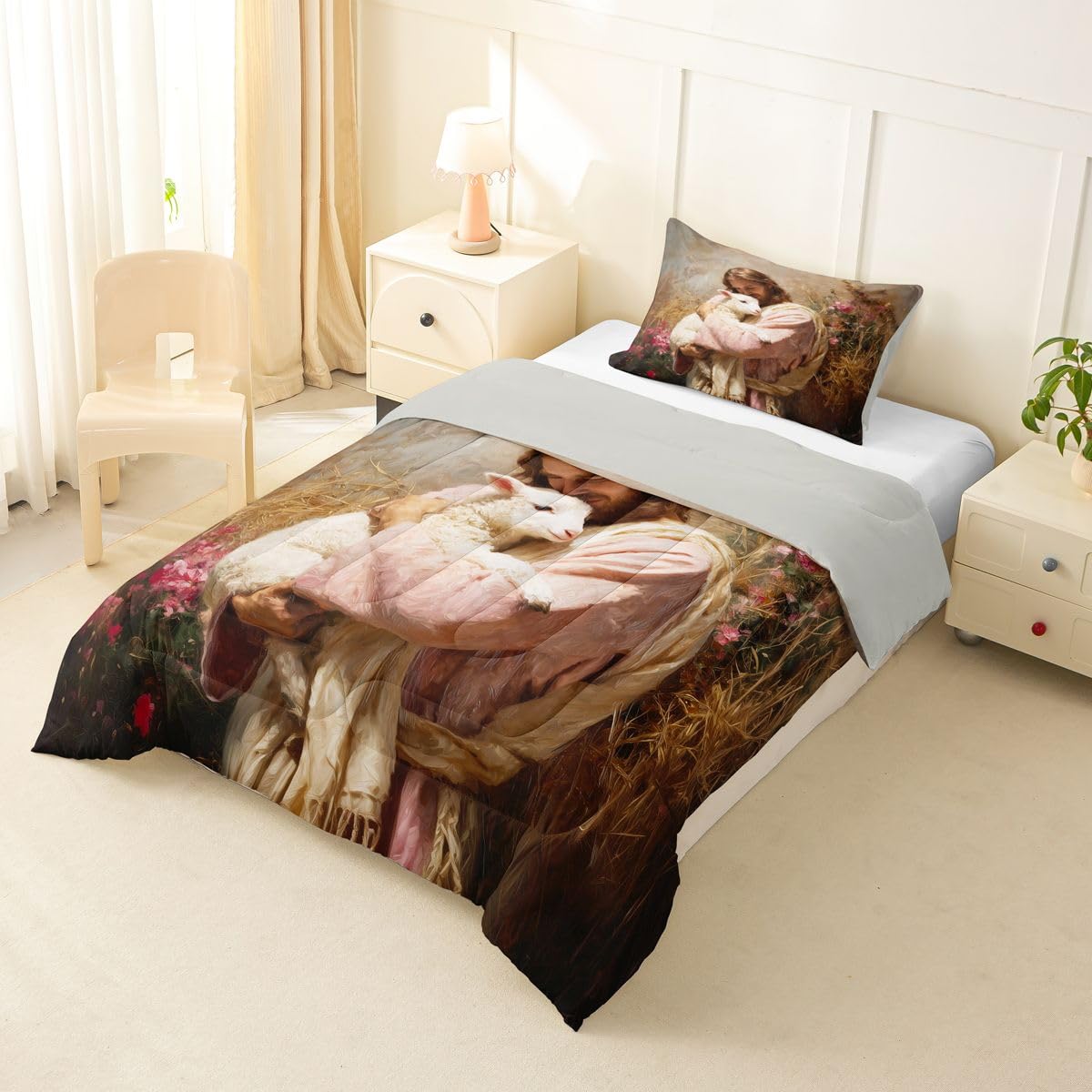 Manfei Man Holding Lamb Twin Size Comforter Set with 1 Pillowcase - Pink Brown Belief Spiritual Bedding Set for Kids Bedroom,The Lost Lamb Flowers 2 Pieces Reversible Duvet Insert
