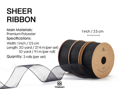 Vitalizart Black Ribbon Organza Sheer Ribbon 1 inch x 30Yd Handmade Fabric Ribbons for Gift Wrapping Christmas Tree Crafts Bows Wedding Invitations Wreaths Wrap