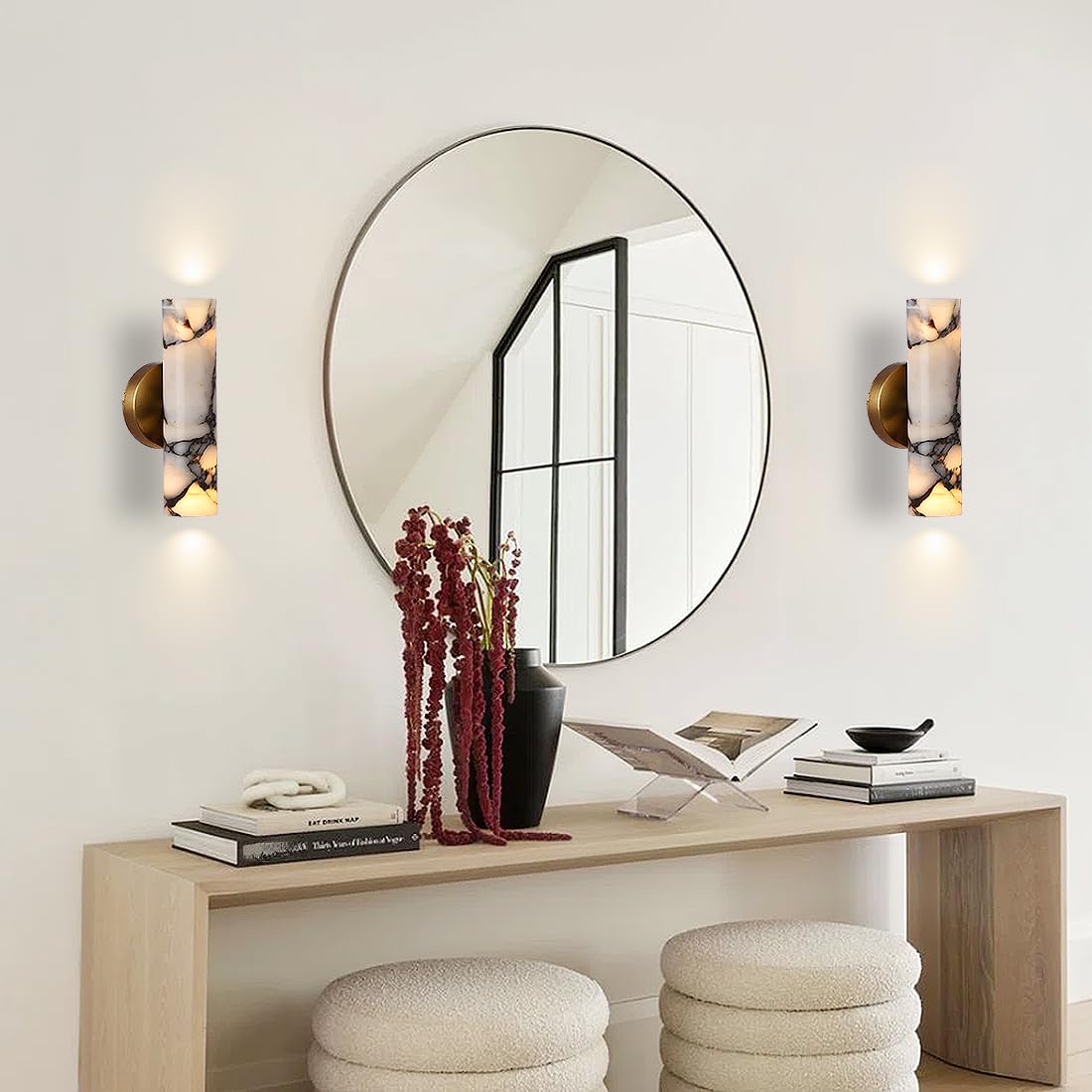 KAKINOTE Marble Wall Sconce,Calacatta Viola Alabaster Wall Sconce 9.5”Modern Natural Stone Wall Lamp for Bedroom,Bathroom Vanity,Hallway & Bedside,Hardwired G9 Base,Up and Down Lighting Fixtures
